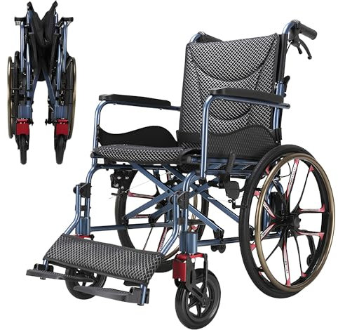 Rollstuhl Faltbar Leicht bis 150 Kg Aluminium 48cm Sitzbreite Selbstfahrender Rollstuhl Leichtgewicht 13kg für äLtere Menschen Behinderte und Erwachsene