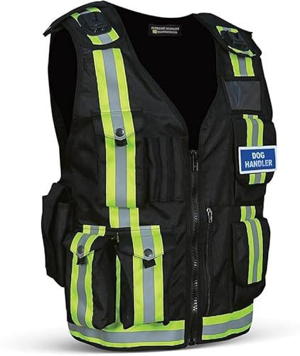 Supreme Supplies High Vis Black Tactical Airsoft Vest - Mesh Reflective Safety Gear for Outdoor Security - Adjustable Premium Design with Multi Pockets (Black, Dog Handler)