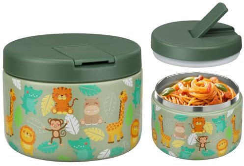 Itslife Thermobehälter für Essen 350ml Edelstahl Warmhaltebebehälter, Kinder auslaufsicherer Lunchbehälter mit Schnallenabdeckung, Weithals, Isolierung, geeignet für kaltes&heißes Essen Grün Tier