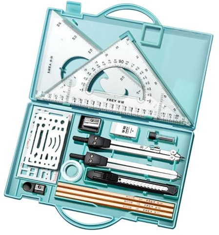 Zeichenset – Set mit Linealen und Zirkeln aus Metall mit Etui | Komplettes Zeichenset mit Dreieckslineal für präzise Messungen, Zeichenbedarf und professionelle Werkzeuge