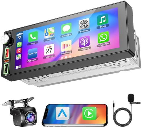 Single Din Car Radio with Wireless Carplay & Android Auto, 6.8 inch IPS Carplay Radio with GPS WiFi Bluetooth Voice Control FM AM EQ Type-C USB SWC Mirror Link Bakcp Camera MP5 Player