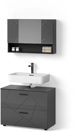Livinity Badmöbel-Set Ronco, Anthrazit Hochglanz 80 cm | 2-teilig · Waschtischunterschrank · Spiegelschrank
