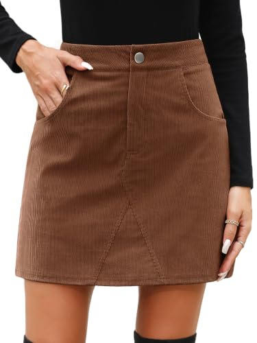 CMTOP Damen Cordrock Minirock Elegant Hohe Taille Rock Herbst Winter Wickelrock A-Linie Freizeitrock Vintage Kord Rock Kurz Mini Skirt mit Taschen
