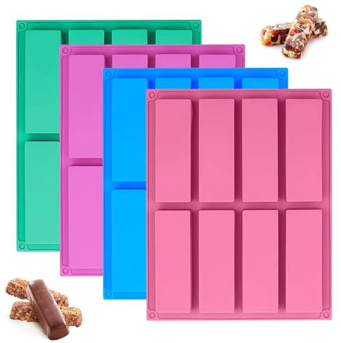 Stampo per Barrette da Forno Stampo, 4 Pezzi Stampi in Silicone Rettangolare Stampo Barrette Silicone Stampi per Barrette con 8 Cavità Antiaderente per il Sapone per Muffin Cake(4 Colori)