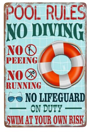 Vintage Metal Pool Rules Sign - Swim At Your Own Risk Funny Swimming Pool Decor - Retro Wall Art for Outdoor Pool Deck & Backyard - 8x12 Inch