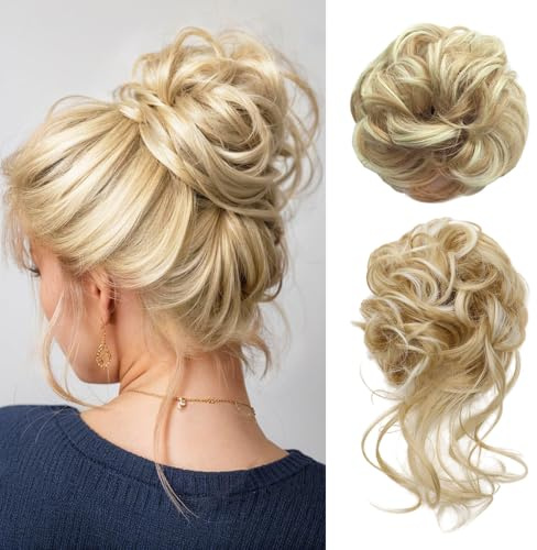 XFSRG 2 Stück Haarteil Mit Gummiband Dutt Haarteil Gelockt Haargummi Hair Ribbon Ponytail Extensions Haarverlängerung Messy Bun Haarteile für Damen Mädchen Pferdeschwanz (Gold)