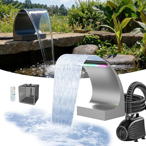 POPOSOAP 200C Pond Waterfall Spillway Kit 4500L/h for Garden Ponds, Pools | 20cm Stainless Steel Outlet, 24V DC Water Pump with LED Lights, Beautiful Water Flow for Backyards