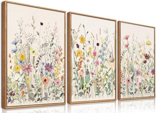 BINCUE Groß Blumen Leinwand Wandkunst,Aquarell Blumen Wandbilder,Bunte Wildblumen Bilder mit Rahmen,Wildblumen Boho Wandbilder Leinwand,Botanische Deko Wohnzimmer Schlafzimmer Wanddeko,40x60cm x3