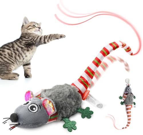 Migipaws Katzenspielzeug,elektrisch Maus-Spielzeug,berührungsaktiviertes Spielzeug mit wedelndem Schwanz und Katzenminze, wiederaufladbar