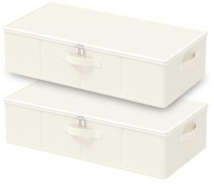 GUOHNHE Unterbett Aufbewahrungsbox mit Deckel, Beige, 60x30x15 cm, 2 Stück | Faltbare Aufbewahrungstasche, Unterbettkommode mit Griff, Transporttasche, Waschbare Unterbettbox für Kleidung, Decken
