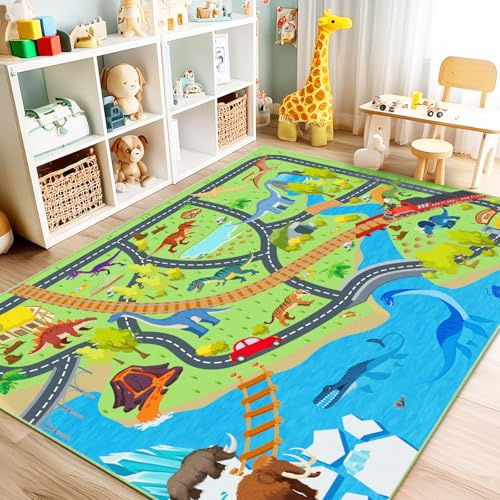 Rezutan Teppich Kinderzimmer, Dino Spielteppich Kinder für Junge,Waschbar & rutschfest Kinderteppiche für Spielzimmer, Kinderzimmer, Schlafzimmer, Klassenzimmer, 160X230cm