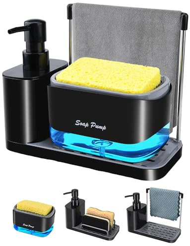 TOSUTO Dispenser Sapone Cucina 2 in 1,Dosatore Sapone e Organizzatore per Lavello con vassoio antiscivolo,supporto per strofinacci,porta spugna e dispenser,ideale per lavare le mani e i piatti