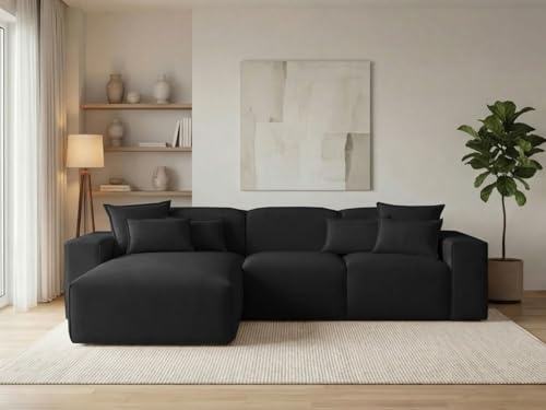 GRAINGOLD Leni Ecksofa 265x180 cm, L-Form Sofa, Ecksofa für Wohnzimmer, Geflechtstoff, 3-Sitzer Eckcouch, Modernes Design (Schwarz, Links)