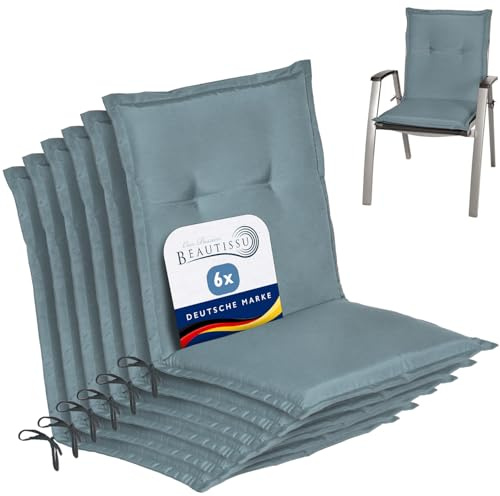 Beautissu 6er Set Niedriglehner Auflage Gartenstuhl mit Schaumkern Füllung | 100x50x6cm Taubenblau Sitzkissen Niederlehner Rückenkissen niedrig Stuhlkissen Kissen Gartenstuhlauflagen Sitzauflage Loft NL
