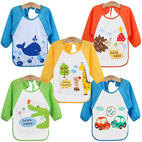 WeiterVor 5-Pack Wasserdicht Babylätzchen Langarmlätzchen mit Auffangschutz 1-3 Jahre (Jungen 5 Stück)