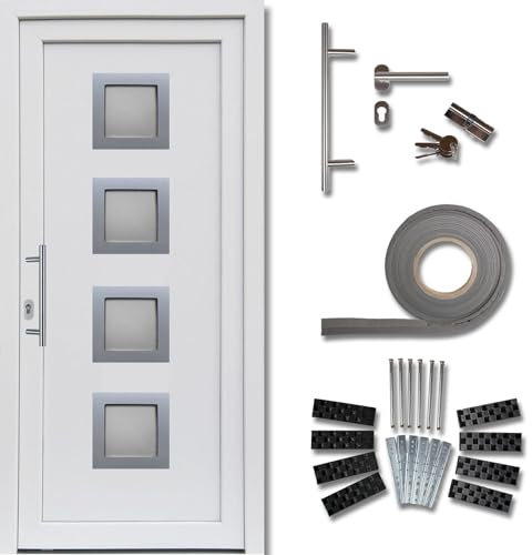 kuporta Haustür Komplett-Set - Haustüre aus Kunststoff Modell: Modena, 98 x 208 cm, DIN links, außen und innen weiß mit Stoßgriff-Set, Montageset, Fugendichtband | Eingangstüren