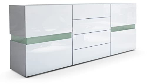 Vladon Sideboard Flow, Made in Germany, Weiß Hochglanz/Weiß Hochglanz - Moderne Kommode mit Ambient Light Verglasung für Ihr Wohnbereich (177 x 75 x 39 cm)