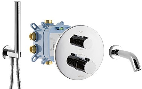 PaulGurkes Unterputz Thermostat Set für Badewannen Fertigmontage Mischbatterie Wannen Set UP-Montage massiv Messing verchromt Thermostat Armatur rund Kombihalter