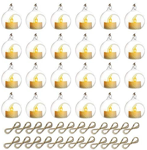 Nuptio Mini Hängender Teelichthalter aus Glas, Glaskugeln mit LED-Kerze, 6cm Durchmesser, Hochzeitsfest-Baumschmuck (20 Stück + 4 Stück)