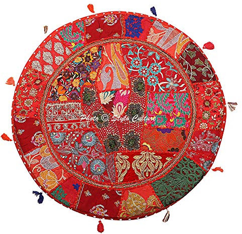 Stylo Culture Indisch Dekorativ Rund Bodenkissenbezug 70 x 70 cm Groß Sitzsack Kissen Vintage Rot Boho Patchwork Wohnzimmer Baumwolle Bestickt Bodenkissen Erwachsene
