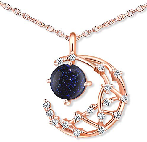 MicLee Damen Halskette Verträumte Sonne und Mond 925 Sterling Silber Zirkonia Blauer Sandstein Anhänger Kette mit Geschenkbeutel Super Geschenk für Paar Pärchen Mutter Tochter