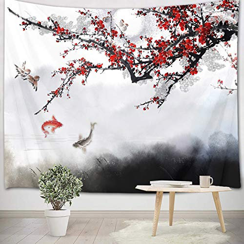 LB Wandteppich Rote Kirschblüte Wandtuch Japanischer Koi und Vogel Wandbehang Chinesische Tuschemalerei Tapisserie für Wohnzimmer Schlafzimmer Wohnheim Wanddeko,200x150cm