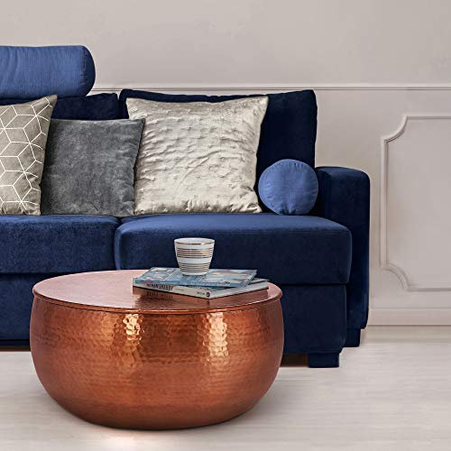 WOMO-DESIGN Couchtisch rund Ø 59x30,5cm, Kupfer, Drum, Unikat, handgefertigt aus Aluminium, Hammerschlag Design, Metall Sofatisch, Wohnzimmer Beistelltisch, Flacher Wohnzimmertisch Orient Loungetisch