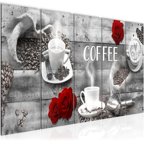 Runa Art Wandbild XXL Kaffee Küche Esszimmer Küchenbilder 200 x 80 cm Grau Rot 5 Teilig - Made in Germany - 027155c