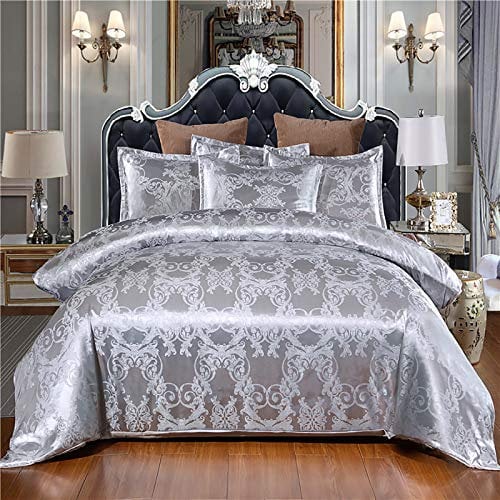 Dencalleus Jacquard Bettwäsche Set Jacquard Satin Seide 2teilig 1 x Bettbezug 135x200cm mit 1 x Kissenbezug 50x70cm Mikrofaser Bettwäsche-Sets mit Reißverschluss - Grau