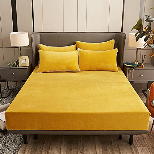 Damier Plüsch Spannbettlaken 180x200cm Gold Gelb Flauschige Bettlaken Winter Warme Cashmere Touch Spannbetttuch Geeignet für 30cm Matratze