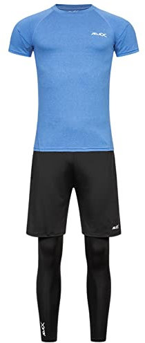 JELEX Sportinator Herren 3-teiliges Fitness-Set bestehend aus Shirt, Leggings und Shorts, für alle Sport- und Fitnessaktivitäten. In den Größen S bis XXL, in Blau, Rot oder Grün (Blau, M)