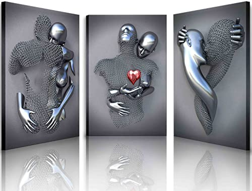 Gerahmte Wandkunst für Schlafzimmer, 3D-Metall-Effekt, Liebesherz, Paar, Wandkunst, Dekor für Wohnzimmer, 3 Stück, modern, abstrakt, grau, schwarz und weiß, Leinwanddrucke, Poster, Bilder, Gemälde für