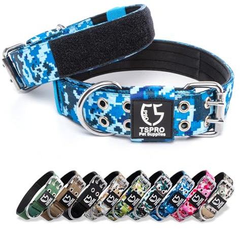 TSPRO Taktisches Hundehalsband, Verstellbares Halsband Hund mit Metallschnalle und Flicken, Haltbar und Dick, für Mittelgroße bis Große Hunde (Camo Blau M+)