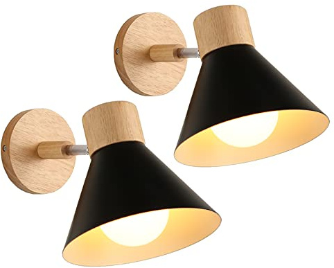 LIGKIN 2PCS Wandleuchten Innen, Moderne Industrielle Wandlampe, E27 Drehbarer Wandleuchte Holz Dekorative Innenbeleuchtung für Schlafzimmer Wohnzimmer Flur Cafe, Ø18cm