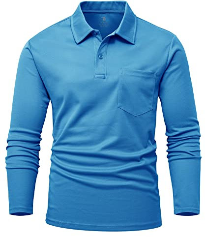 YSENTO Herren Poloshirts Langarm Golfshirts Schnelltrocknend Atmungsaktiv Outdoor Funktionell Tennis Arbeit Casual Polo T-Shirts Tops mit Brillenhalter(Blau,XL)