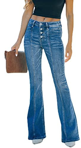 Sawmew Damen Schlaghosen Lang Stretch Jeanshose Schlag Weite Schlagjeans 90er Jahre Freizeithose mit Tasche Weites Bein Denim Hose Jeanshosen Hosen (Color : Blue, Size : XL)