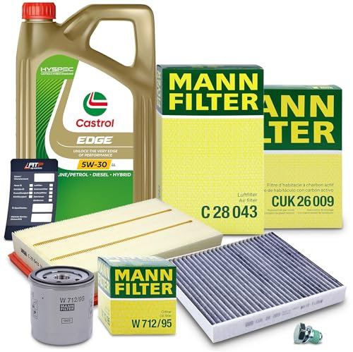 MANN-FILTER Inspektionspaket Filterset 1x Ölfilter, 1x Innenraumfilter (Aktivkohle), 1x Luftfilter, 1x BESTPRICE Ölablassschraube mit Dichtring, 1x Motoröl 0W-20 EDGE LL IV 5l,