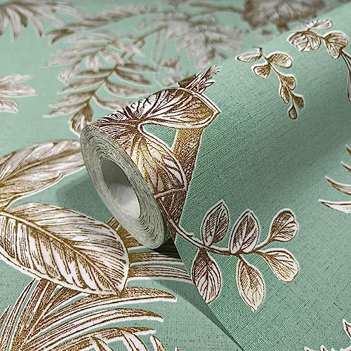 marburg Tapete Grün Gold Floral Modern, Natur für Schlafzimmer oder Wohnzimmer Made in Germany 10,05 x 0,53m