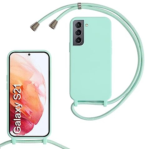 MBSLFY Silikon Handykette für Samsung Galaxy S21/S30 Hülle mit Band,Silikon Necklace Handyhülle mit Abnehmbar Kordel zum Umhängen Stossfest Bumper Handy Schutzhülle für Samsung Galaxy S21, Minz grün