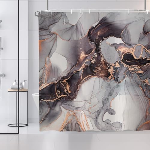 ASDCXZ Marmor Duschvorhang 180x180 cm, Modern Abstrakt Kunst Schwarz Gold Grey Marmor Optik Textur Bad Waschbar Duschvorhänge Polyester Textil Wasserdicht Badevorhang für Badewanne mit 12 Haken