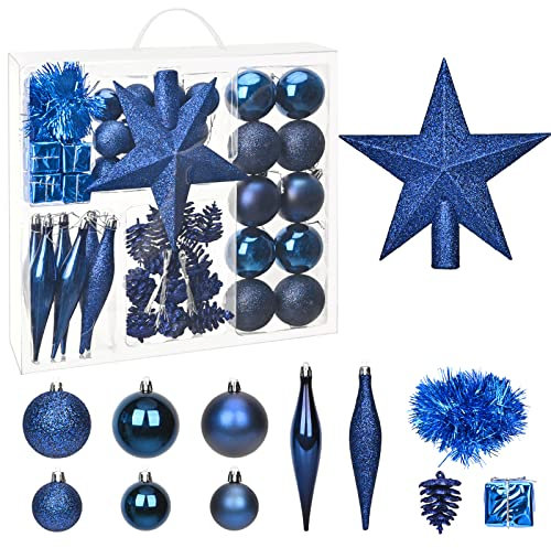 Enhance Your Christmas Tree: 50PCS Shatterproof Navy Blue Ornaments Set with Tree Topper