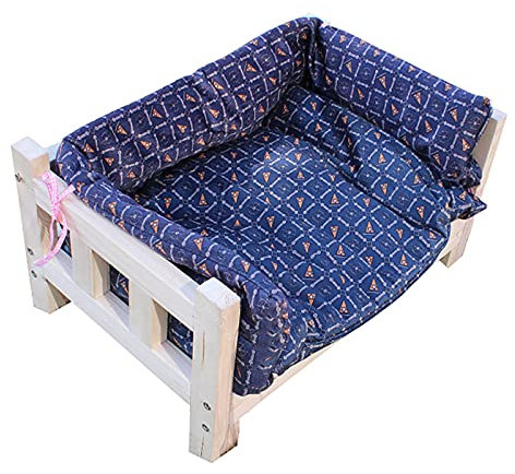 KSTUFF Haustierbett für Sofaseite/Nachttisch, erhöhtes Hundebett-Lounge-Sofa aus Holz mit Blauer waschbarer Matratze, 47 cm bis 110 cm lang optional (Größe: S (47 x 31 x 25 cm)) Vision