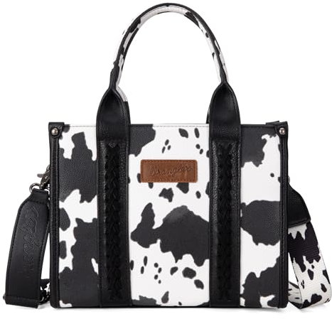 Wrangler Tragetasche mit Kuh-Aufdruck für Damen, Western-Geldbörse, Boho-Stil, Griff oben, Handtasche mit charakteristischem Riemen, Komplett mit Kuhmuster, Schwarz, Einheitsgröße