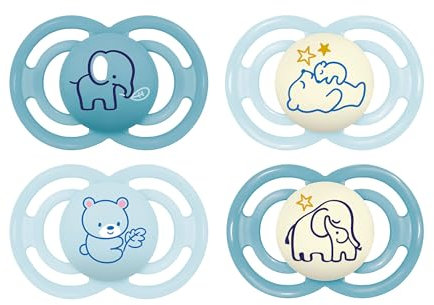 MAM Perfect Day & Night Schnuller im 4er-Set, leuchtend im Dunkeln, zahnfreundlicher Baby Schnuller aus nachhaltigen & bio-erneuerbaren Materialien, mit Schnullerbox, 16+ Monate, Bär/Elefant