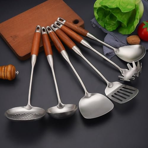 CNANRNANC 1 Pieces Professional Chinese Kitchen Utensils, Stainless Steel Kitchen Utensil Set, 304 Stainless Steel Wok Spatula or Soup Ladle with Heat Resistant Wood Handle(E)