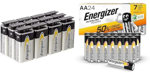 Energizer Industrial 9V Lot de 12 Piles alcalines & Alkaline Power AA, 24 Pack