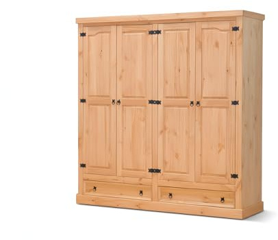 ebuy24 Schlafzimmer Kleiderschrank Wardrobe Closet - New Mexico 4-türig 2 Schubladen Weiß 194x196x58 cm Massivholz Kiefer Mehrzweckschrank Garderobenschrank Holzschrank Landhausstil Flur