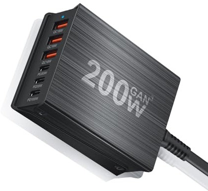 SITONG 200W GaN III 6 Ports USB C Fast Charging Station Hub Block Portable Wall PD Charger Power Adapter With 3 USB-C + 3 USB-A, 100W Port for MacBook Pro/Air, iPhone 15 14 13 12 11, Galaxy S24 S23