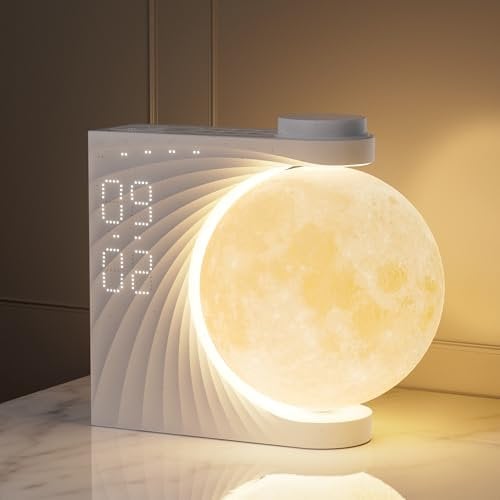 RETEYUNG Mondlampe mit Tageslichtwecker, 2 Wecker, Mondlicht RGB 8 Colors, 10 Natürlicher Klang, Nachttischlampe 3 Stufige Nachtlicht Wake up Light für Schlafzimmer Wohnzimmer (Weiß)