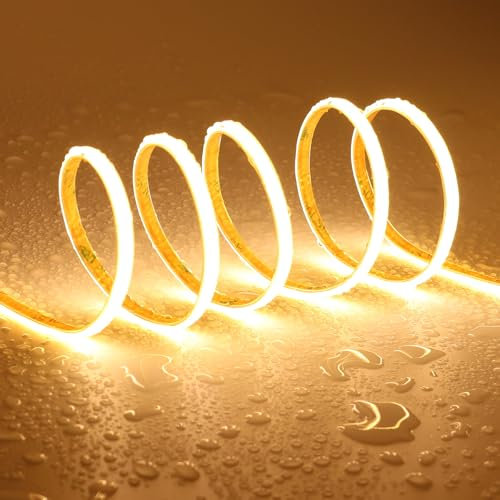 TOPAI 24V COB LED Streifen 5M Warmweiss Schmal 5mm Wasserdicht, Flexible LED Strip 3000K Aussenbereich, CRI>90 400LED/M Selbstklebend LED Band Schneidbar (Produkt ohne Netzteil)